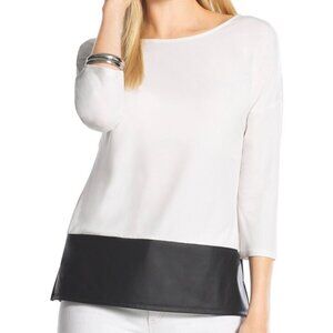 Chico's Lenka Top Womens Size 2 US L Cream Black Colorblock Faux Leather Hem EUC